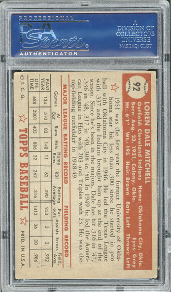 1952 Topps Dale Mitchell #92 Cleveland Indians PSA 4 back of card