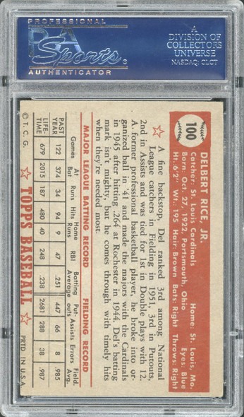 1952 Topps Del Rice #100 St. Louis Cardinals PSA 4 back of card