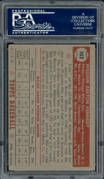 1952 Topps Bill Kennedy #102 Chicago White Sox PSA 4 back of card