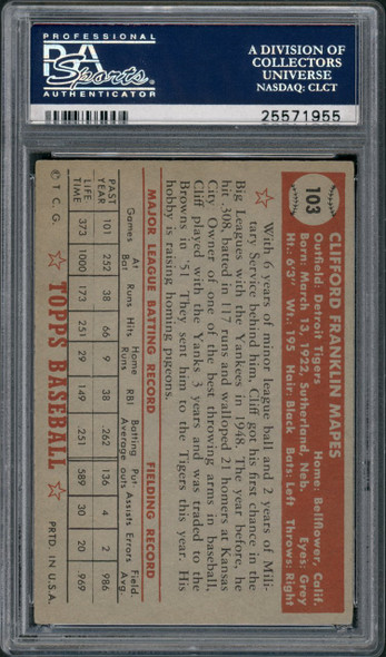 1952 Topps Cliff Mapes #103 Detroit Tigers PSA 4 back of card