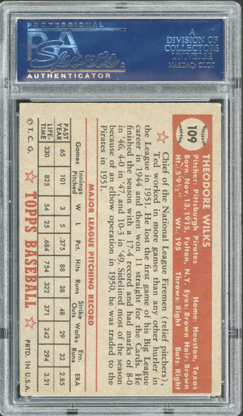 1952 Topps Ted Wilks #109 Pittsburgh Pirates PSA 4 back of card