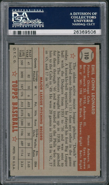 1952 Topps Dutch Leonard #110 Chicago Cubs PSA 4 back of card