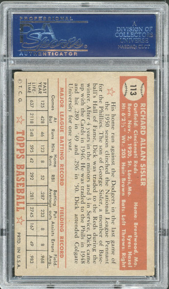 1952 Topps Dick Sisler #113 Cincinnati Reds PSA 4 back of card