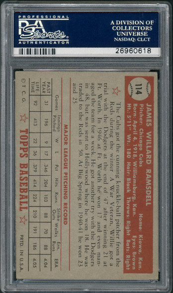 1952 Topps Willard Ramsdell #114 Chicago Cubs PSA 4 back of card