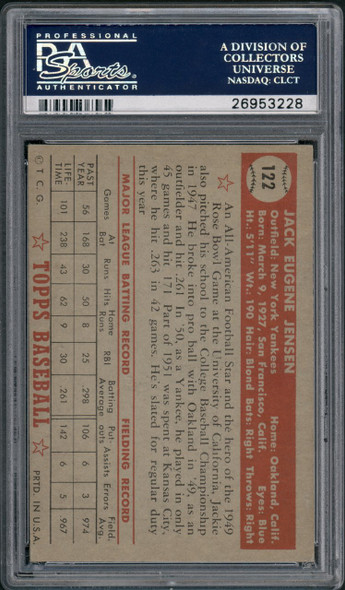 1952 Topps Jack Jensen #122 New York Yankees PSA 4 back of card