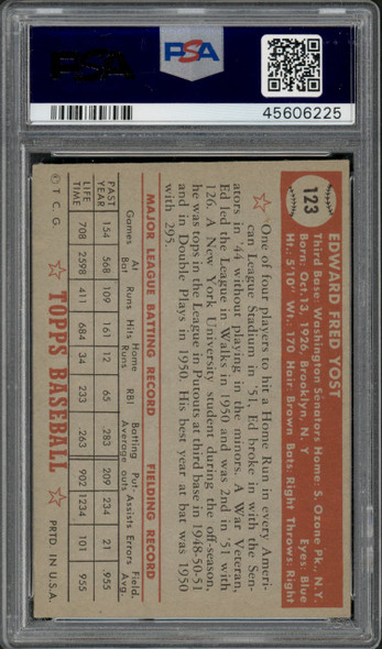 1952 Topps Eddie Yost #123 Washington Senators PSA 4 back of card