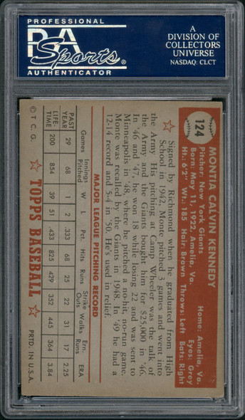 1952 Topps Monte Kennedy #124 New York Giants PSA 4 back of card