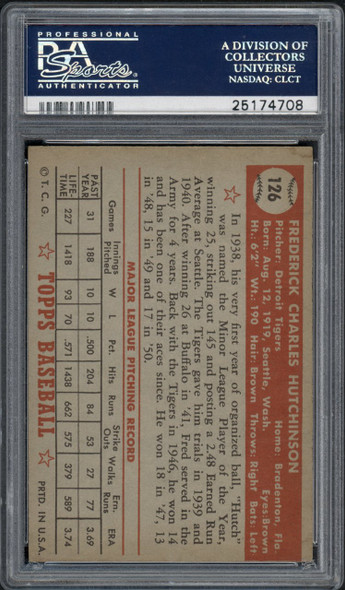 1952 Topps Fred Hutchinson #126 Detroit Tigers PSA 6 back of card