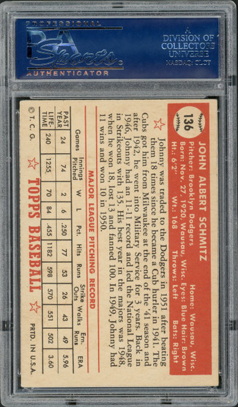 1952 Topps Johnny Schmitz #136 Brooklyn Dodgers PSA 4 back of card