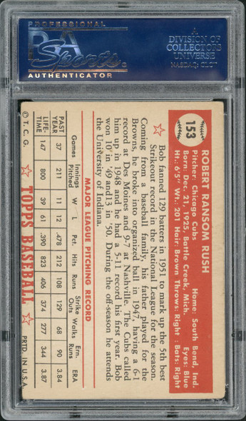 1952 Topps Bob Rush #153 Chicago Cubs PSA 4 back of card
