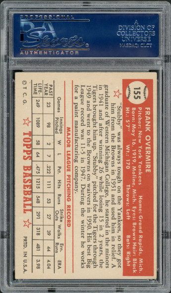 1952 Topps Frank Overmire #155 New York Yankees PSA 5 back of card