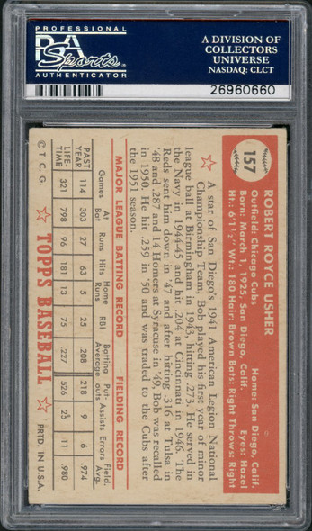 1952 Topps Bob Usher #157 Chicago Cubs PSA 4 back of card