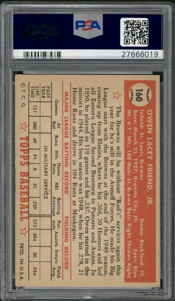 1952 Topps Owen Friend #160 St. Louis Browns PSA 4.5 back of card