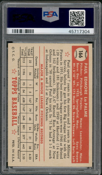1952 Topps Paul LaPalme #166 Pittsburgh Pirates RC PSA 4.5 back of card