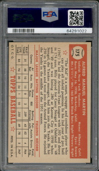 1952 Topps Billy Martin #175 New York Yankees RC PSA 6 back of card