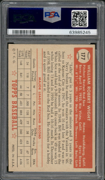 1952 Topps Bill Wight #177 Boston Red Sox PSA 5 (Cert 63985245) back of card