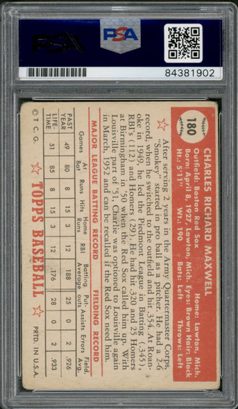 1952 Topps Charley Maxwell #180 Boston Red Sox RC PSA/DNA Authentic Autograph back of card