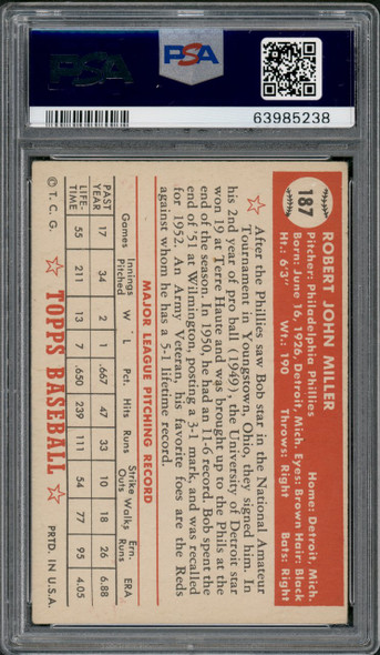 1952 Topps Bob Miller #187 Philadelphia Phillies PSA 4 back of card