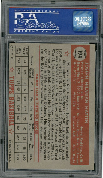 1952 Topps Joe Hatten #194 Chicago Cubs PSA 4 back of card