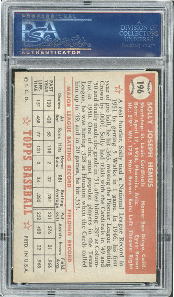 1952 Topps Solly Hemus #196 St. Louis Cardinals RC PSA 4 back of card