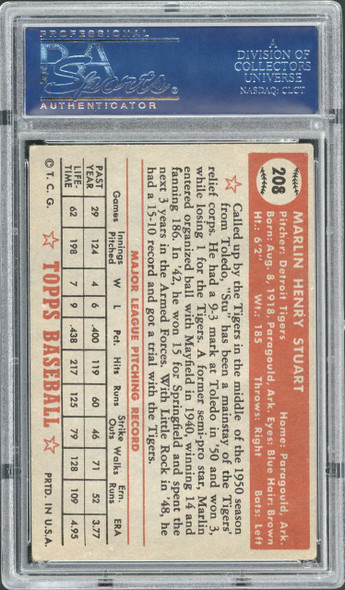1952 Topps Marlin Stuart #208 Detroit Tigers RC PSA 4 back of card