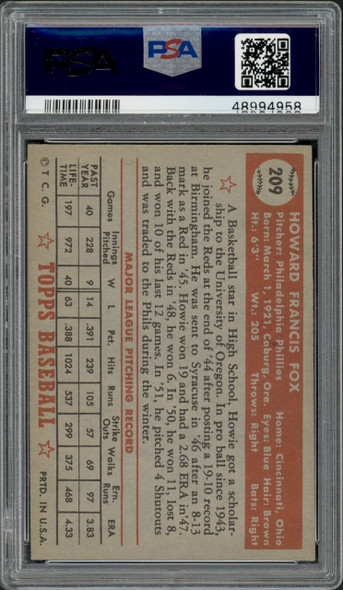 1952 Topps Howie Fox #209 Philadelphia Phillies PSA 5 back of card