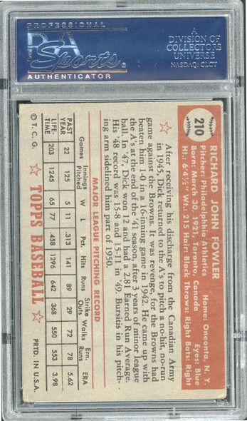 1952 Topps Dick Fowler #210 Philadelphia Athletics PSA 4 back of card