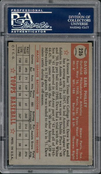 1952 Topps Dave Philley #226 Philadelphia Athletics PSA 4.5 back of card