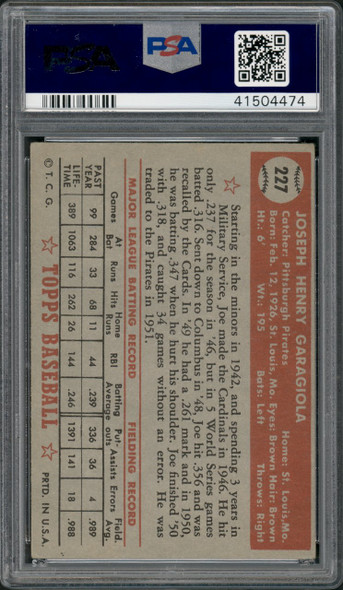 1952 Topps Joe Garagiola #227 Pittsburgh Pirates PSA 4 back of card