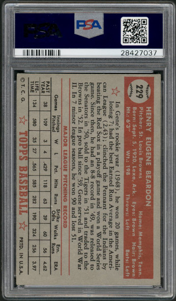 1952 Topps Gene Bearden #229 St. Louis Browns PSA 4.5 back of card