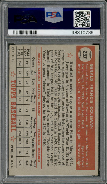 1952 Topps Jerry Coleman #237 New York Yankees PSA 4 back of card