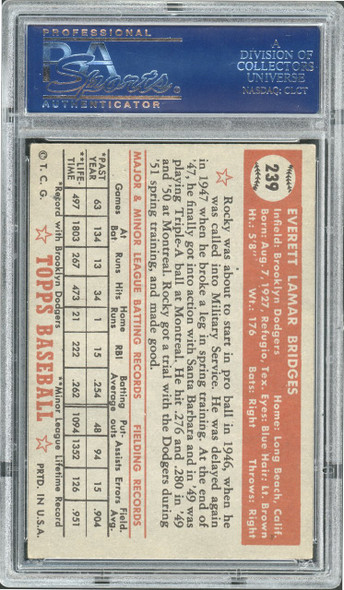 1952 Topps Rocky Bridges #239 Brooklyn Dodgers RC PSA 4 back of card