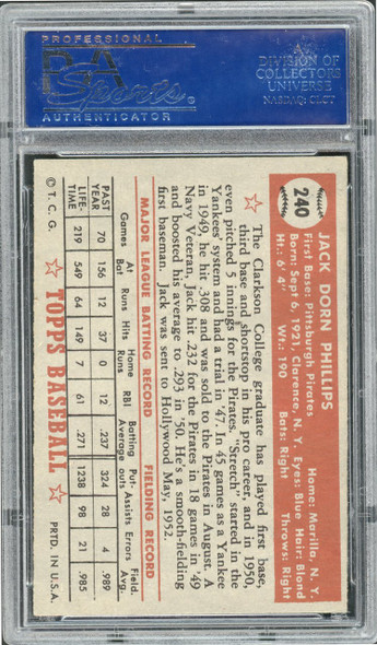 1952 Topps Jack Phillips #240 Pittsburgh Pirates RC PSA 4 back of card