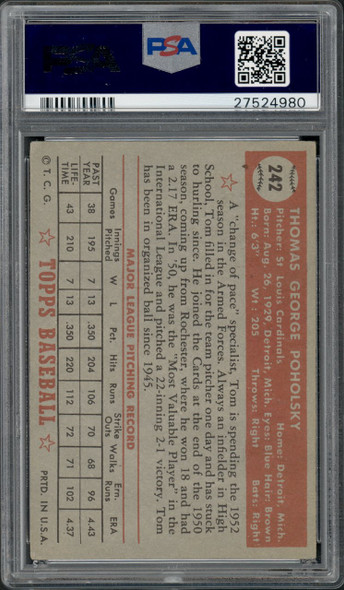 1952 Topps Tom Poholsky #242 St. Louis Cardinals RC PSA 4 back of card