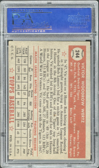1952 Topps Vic Wertz #244 Detroit Tigers PSA 4 back of card