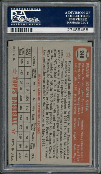 1952 Topps Frank Shea #248 Washington Senators PSA 6 back of card