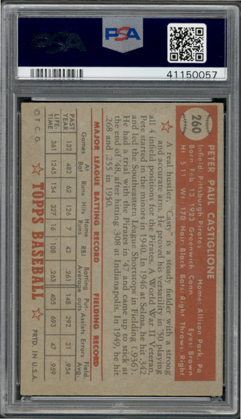1952 Topps Pete Castiglione #260 Pittsburgh Pirates PSA 4.5 back of card