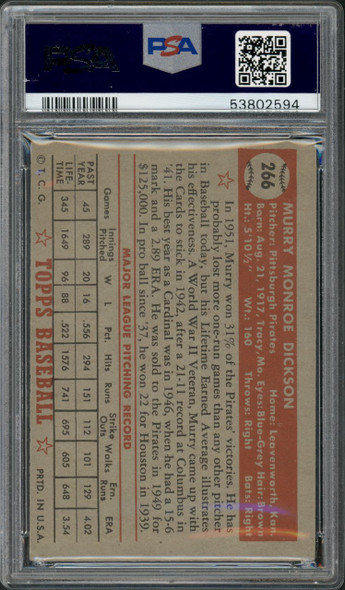 1952 Topps Murry Dickson #266 Pittsburgh Pirates PSA 4 back of card