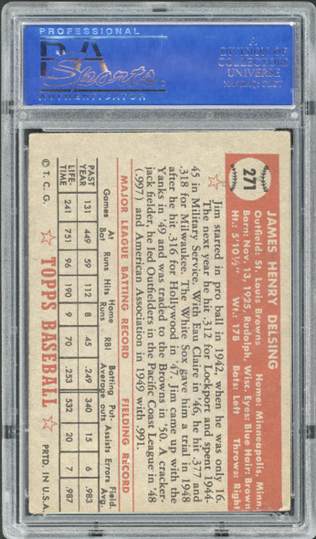 1952 Topps Jim Delsing #271 St. Louis Browns PSA 4 back of card