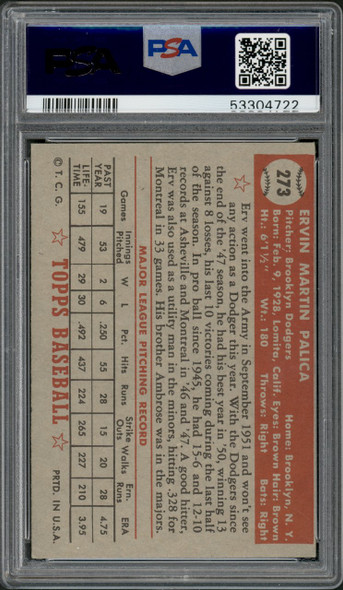 1952 Topps Erv Palica #273 Brooklyn Dodgers PSA 5 back of card