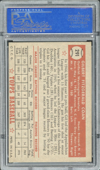 1952 Topps Gil Coan #291 Washington Senators PSA 4 back of card