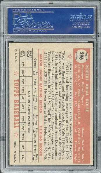 1952 Topps Red Rolfe #296 Detroit Tigers PSA 5.5 back of card