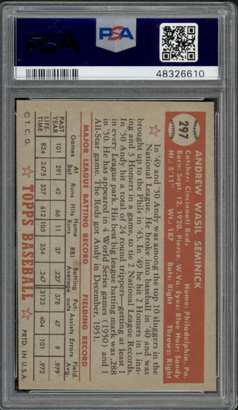 1952 Topps Andy Seminick #297 Cincinnati Reds PSA 5 back of card