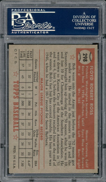 1952 Topps Bob Ross #298 Washington Senators RC PSA 6 back of card