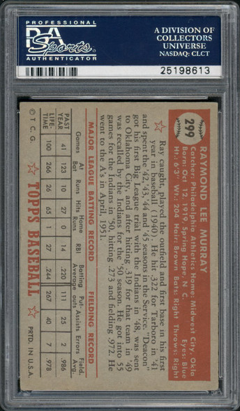1952 Topps Ray Murray #299 Philadelphia Athletics RC PSA 4 back of card