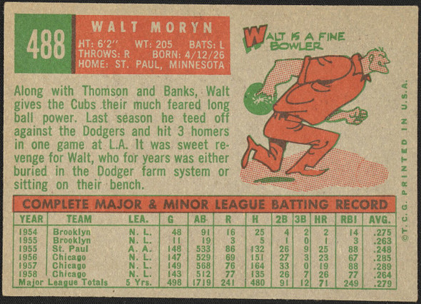1959 Topps Walt Moryn #488 Chicago Cubs Good back of card