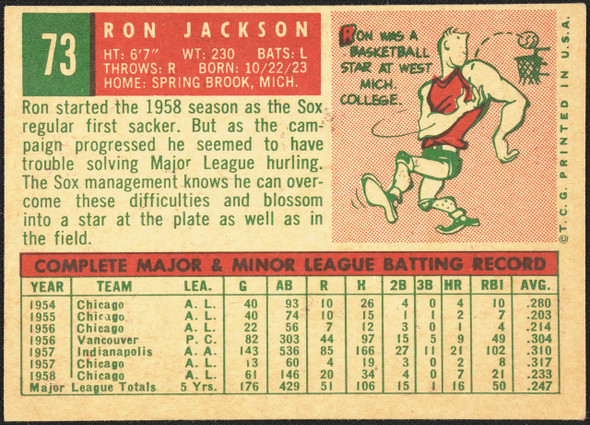 1959 Topps Ron Jackson #73 Chicago White Sox EX R100030 back of card