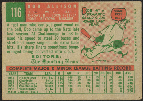 1959 Topps Bob Allison #116 Rookie Stars Washington Senators RC Low Grade - Creases R100044 back of card