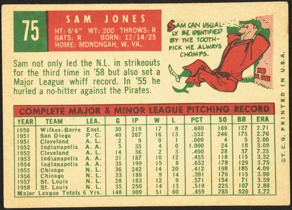 1959 Topps Sam Jones #75 St. Louis Cardinals EX R100055 back of card