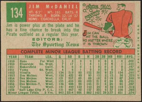 1959 Topps Jim McDaniel #134 Rookie Stars Pittsburgh Pirates RC Good back of card